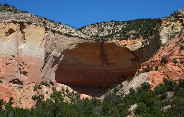 The sky, trees, rocks, cave, the bushes, arch