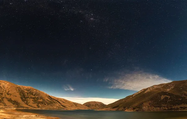 Picture the sky, stars, mountains, lake