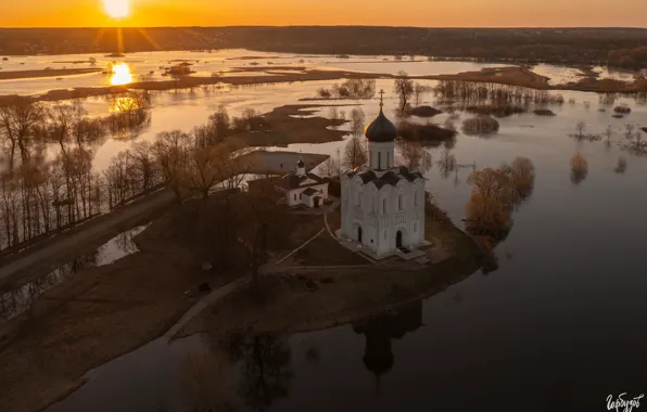 The sun, rays, landscape, sunset, nature, river, spring, Church