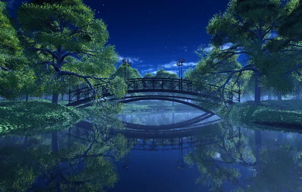 Trees, landscape, night, bridge, Park, river, lights