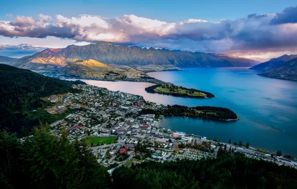 Mountains, the city, Bay, New Zealand, panorama, New Zealand, Queenstown, Queenstown