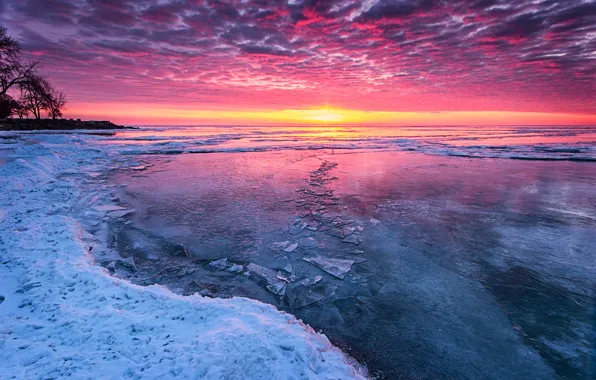 Cold, ice, winter, sunset, lake