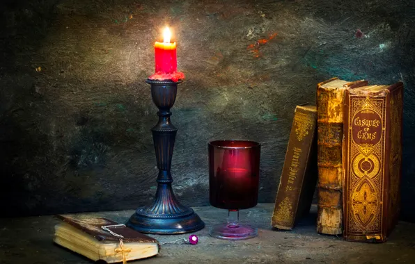 Books, candle, cross, A picture of the past