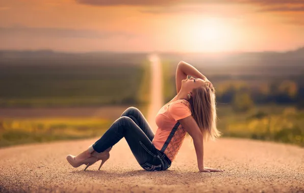 Picture road, girl, jeans, space, bokeh