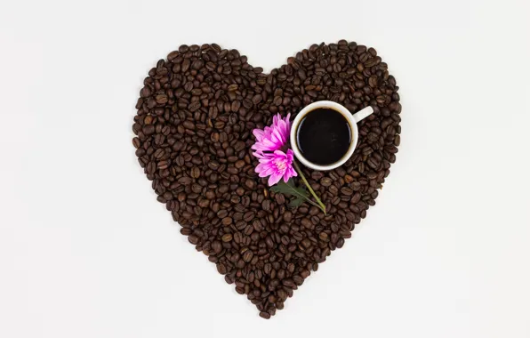 Love, flowers, heart, coffee, grain, love, heart, pink