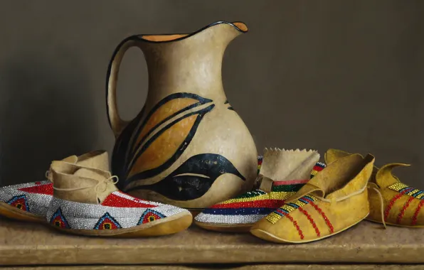 Picture pitcher, Still life, William Acheff, Indian still life, Pitcher of Milk, shoes