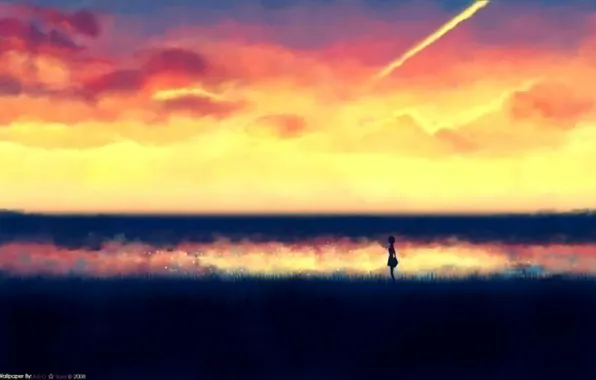 Field, the sky, girl, dawn, figure, minimalism