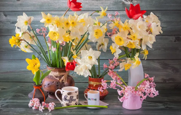 Spring, tulips, mugs, daffodils, hyacinths