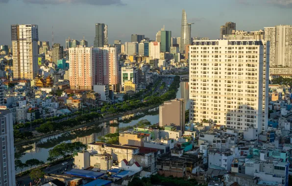Picture the sky, the sun, river, building, home, Vietnam, Ho Chi Minh City