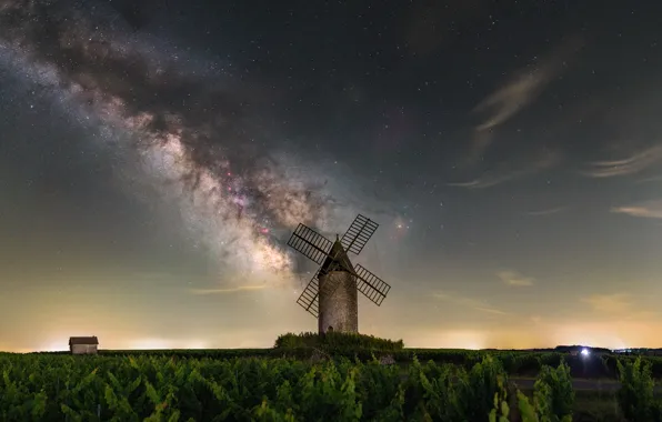 Field, the sky, night, The milky way, windmill