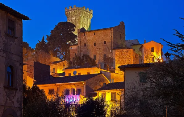 Night, lights, tower, home, Italy, Tuscany, Vicopisano