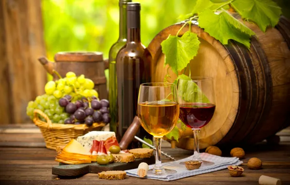Wine, glass, cheese, bread, grapes, nuts, sausage