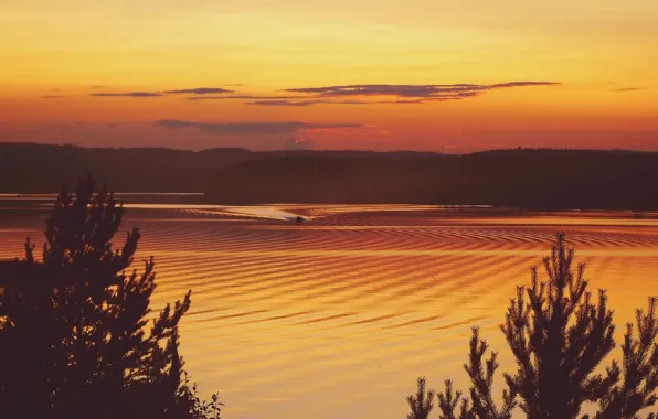 Picture sunset, lake, boat, beauty, Karelia