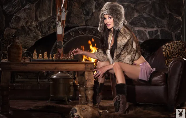 Fire, model, hat, playboy, chess, fireplace, Erika Knight