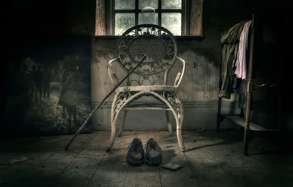Picture, shoes, chair, cane, SOLITUDE