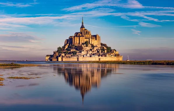 Lake, island, Normandy, church, monastery