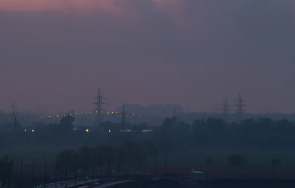 Road, the sky, clouds, trees, the city, fog, building, home