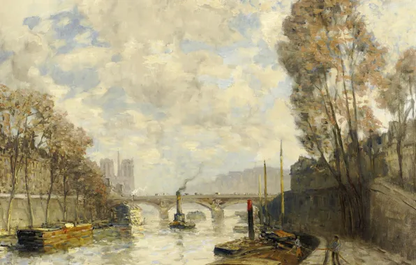 River, Paris, picture, the urban landscape, barge, Frank Boggs, Frank Myers Boggs, The Pont Saint-Michel