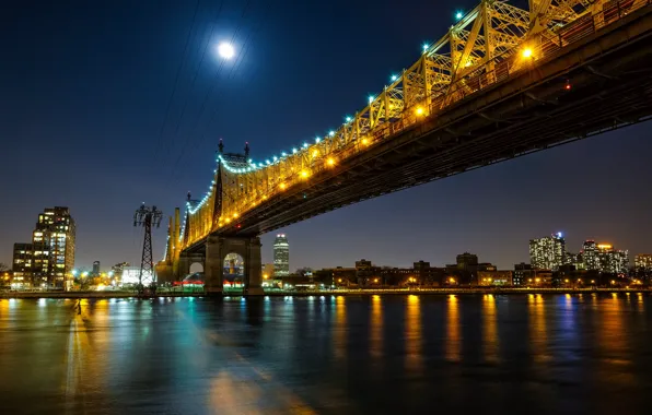 The sky, night, bridge, the city, lights, reflection, the moon, shore