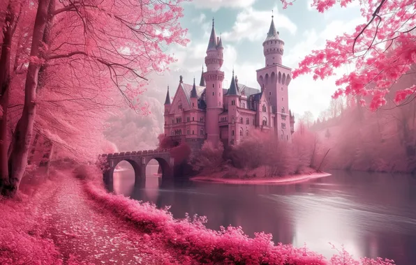 Clouds, bridge, fog, castle, pink, shore, fantasy, haze