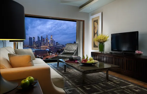 Picture design, the city, style, table, room, sofa, apples, view