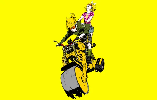 Girls, minimalism, glasses, motorcycle, yellow background, Creek, fun