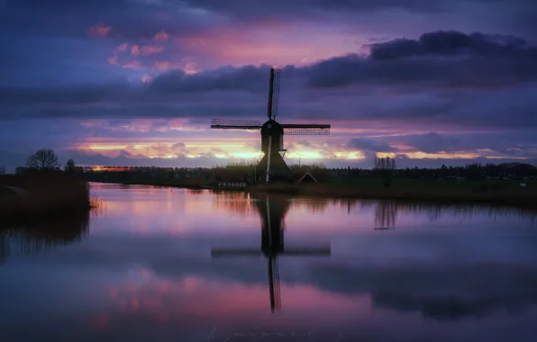 The sky, water, reflection, the evening, channel, Netherlands, windmill