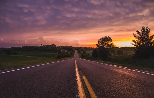 Picture road, field, forest, the sky, clouds, trees, landscape, sunset