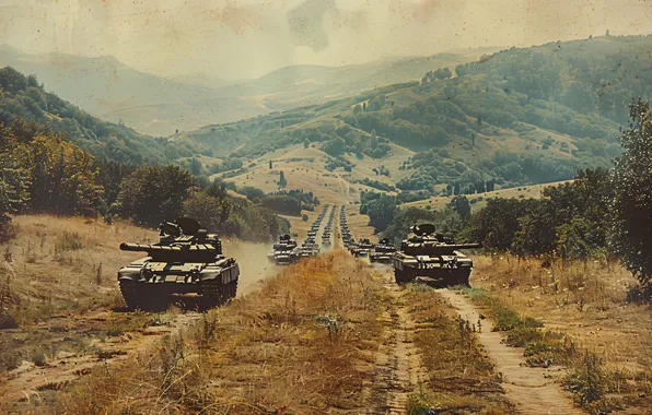 Picture Road, Trees, Retro, Hills, Tanks, Digital art, Column, AI art
