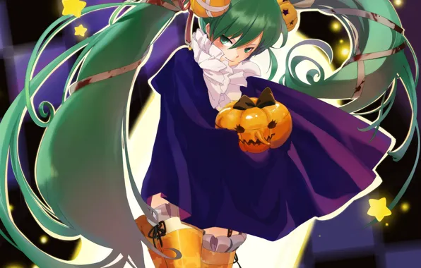 Stockings, Halloween, pumpkin, cloak, vocaloid, Halloween, Hatsune Miku, stars