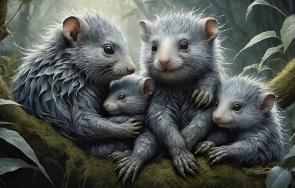 Animals, tree, animals, grey, family, cubs, faces, AI art