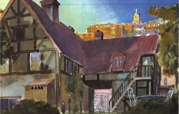 House, tower, sketch, ladder, patio, tile, Kiki's delivery service, hayao Miyazaki