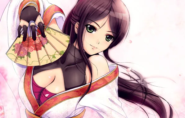 Girl, clothing, hair, fan, art, soyokaze