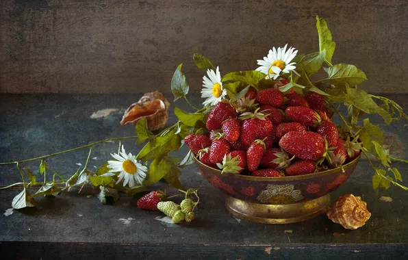 Picture berries, basket, chamomile, texture, strawberry, shell