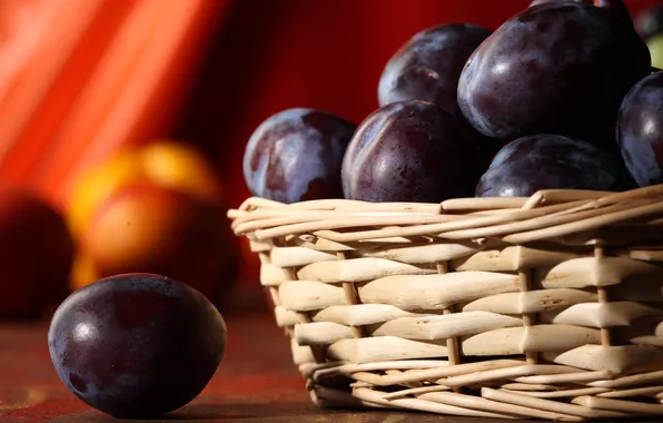 Table, basket, fruit, plum