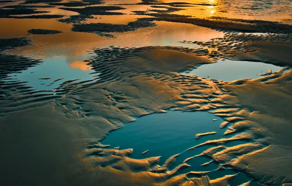 Sand, beach, water, reflection, puddles, Oregon, south of Gold Beach