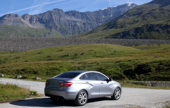 Road, car, sedan, silver, Lada, new, Lada, Vesta