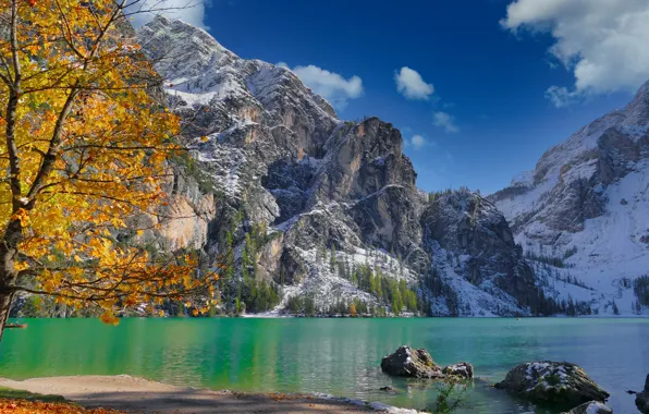 Autumn, mountains, lake, tree, boats, Italy, Italy, The Dolomites