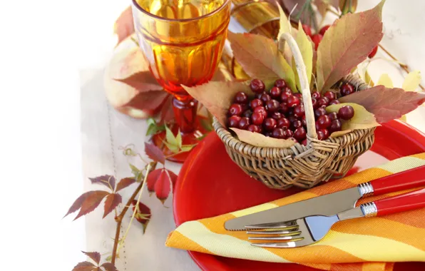 Leaves, berries, glasses, knife, plates, plug, basket, Rowan