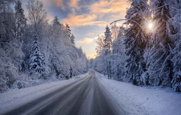 Picture winter, road, the sky, snow, trees, landscape, Gordeev Edward