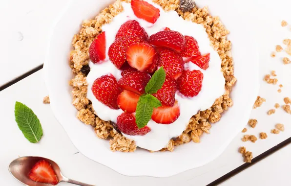 Breakfast, strawberry, yogurt, granola