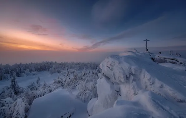 Winter, snow, trees, landscape, sunset, mountains, nature, Perm Krai