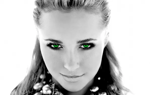 Girl, black and white, green eyes
