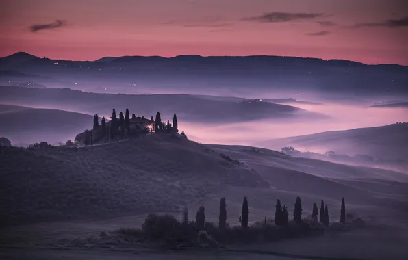 The sky, trees, sunset, lights, fog, hills, field, Italy