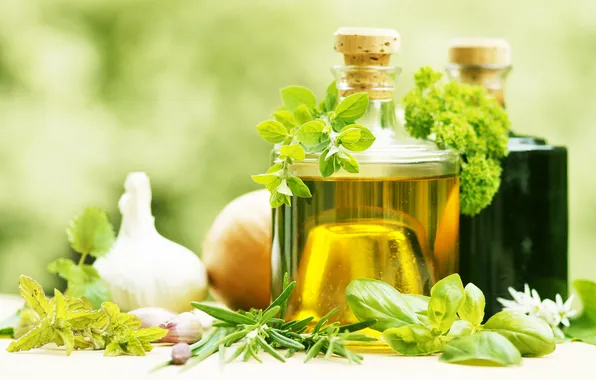 Greens, garlic, olive oil, olive oil, garlic, fresh herbs