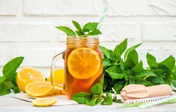 Picture ice, lemon, tea, Bank, drink, mint