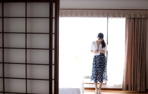 Beautiful, Asian, Model, window, Woman, Pretty, Japanese, Undressing