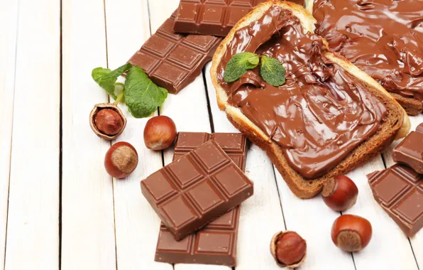Chocolate, bread, nuts, cream, chocolate, nuts, chocolate paste, toast