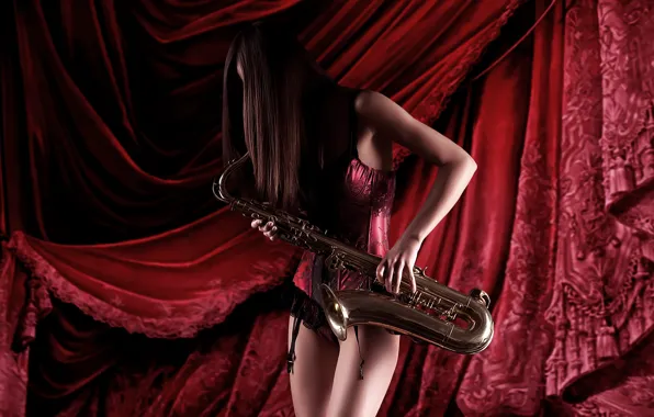 Girl, in red, Drapes, saxophone
