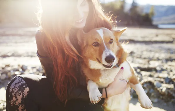 Picture girl, dog, red, smiling
